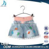 Fashionable Design Newest Style Colorful Stutched Letters Lace Hem 100 Cotton Blue Cheap Jeans for Kids thumbnail-1