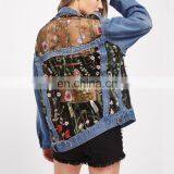 Fashion Women Outerwear Clothes Embroidered Mesh Insert Denim Jacket thumbnail-1