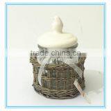 Fulaishan Hot Sale Small Willow Stand With Glass Round Storage Jar and Ceramic Lid and Ribbons thumbnail-1