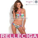 RELLECIGA Fashionable Doodle Print 1/2 Cup Halter Top Bikini Set With Neon Pink Ties at Neck and Pearl Decos Inside Them