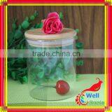 high quatity glass bottle with wood cap glass storage jar with Bamboo cover free sample