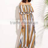 Woman Fashion Striped Off The Shoulder Tie Waist Chiffon Maxi Dress thumbnail-3