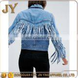 New Design Women Long Sleeve Summer Denim Midwash Blue Short Jackets With Fringed Back thumbnail-3