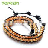 Topearl Jewelry 2016 Stylish Potato Shape Champagne Freshwater Pearl Bracelet Woven Leather Wrap Ladies Bracelets CLL164 thumbnail-3