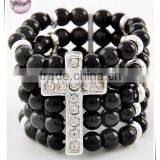 Silver Tone Black Acrylic Clear Rhinestone Cross Stretch Ring thumbnail-1