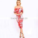 Best Sell Women Clothing off the Shoulder Floral Bodycon Midi Dresses thumbnail-5