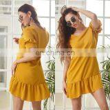 2020 Fashion New Lotus Leaf Skirt Short Sleeve Solid Color Dress Female Summer Stitching Chiffon Europe and America thumbnail-3