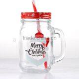 Christmas Theme Glass Mason Jar With Handle and Straw thumbnail-2