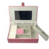 Pink Faux Leather Travel Jewelry Box Organizer Display Storage Case for Rings Earrings Necklace With Mirror thumbnail-1