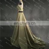 LN146 Real Sample 2016 Fashion Golden Belt Unique Neckline Olive Green Taffeta Wholesale Maxi Evening Dress thumbnail-4