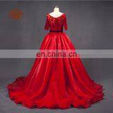 Supplier In China Shiney Short Sleeve Ball Gown Organza Handmade Flower Beaded Red Prom Dress thumbnail-4