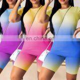 2020 New Sports 2 Piece Suit Short Sleeve Gradient Color Tie Dip Dye Workout Biker Women Two Pieces Shorts Sets Sleepwear