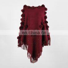 Women O-Neck Solid Fur Ball Tassel Cloak Loose Shawl Sweater thumbnail-3