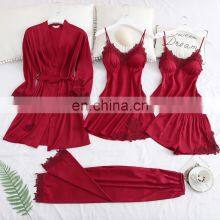 2021 Manufacturers Soft Ladies, Pajama Sexy Women 4 Pieces Pajama Silk Satin Sleepwear Sets Cheap Pajama Set/