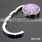 Purple Crystal Diamonds Round Shaped Zinc Alloy Silver Plated Metal Folding Wholesale Handbag Holder thumbnail-3