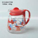 whole sale 1350ml glass pitcher water jug with plastic lid and side handle