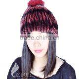 CX-C-58K Hand Knitted Genuine Rex Fur Beanie Hat With Fox Fur Ball thumbnail-6