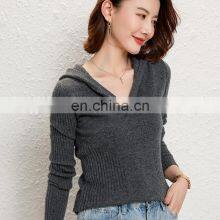 Women Cashmere Wool Rib Knit V Neck Cashmere Hoodie Sweater thumbnail-1