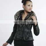 QD5082 Rabbit fur jacket with raccoon collar/ white