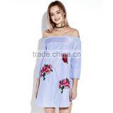 Sexy Rose Embroidery Off Shoulder Stripe Long Sleeve Women Mini Dress thumbnail-1