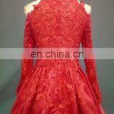 Real Photo High Neckline Satin Appliques Beaded Red Muslim Evening Dress Long Sleeve thumbnail-3