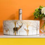 Bathroom Sanitary Ware Chaozhou Ceramic Round Shape Wash Art Shining Luxury Countertop Wash Basin With Golden Decal