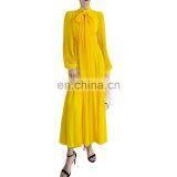 TWOTWINSTYLE Dress for Women Bow Elegant O Neck Long Sleeve High Waist Female Yellow Fashion thumbnail-1