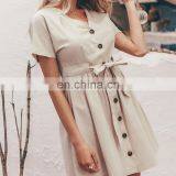 LAITE D2146 Women V-neck Short Sleeve Casual Dress Women Casual Dress With Belt Button thumbnail-1