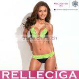 RELLECIGA Triangle Bikini Swimwear - Solid Black + Green Lace Top With Scrunch Butt