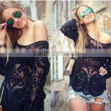 New 2015 Spring Fashion Long Sleeve Tops Women Hollow Out Lace Cotton Blouse Shirt Plus Size Blouse thumbnail-5