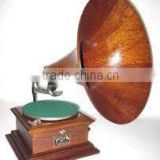 Antique Gramophones , Gramophone with wooden base and brass horn painted in black and white