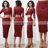 Suede Outfit Wholesaler Women Suede Crop Top Midi-length Pencil Skirt in Faux Suede Outfit Women thumbnail-1
