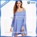 Blue Off The Shoulder Lantern Sleeve Swing Dress, Rayon Dresses thumbnail-1