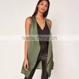 Light Weight Crepe Sleeveless Cardigan Women's Khaki Green Waistcoat thumbnail-2