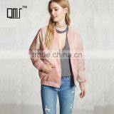 2017 Womens Windproof Satin Contrast Ribbed Knit Trim Bomber Jackets thumbnail-1