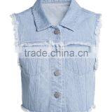 Ladies Button-up 100% Cotton Washed Distressed Jeans Vest thumbnail-2