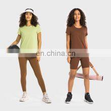 Quick Dry Cool Soft Sexy Back Hollow Out Boe Tie Short Sleeve Gym Top Loose Casual Women Workout Sports Fitness Walking Wear thumbnail-3