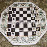 Inlay White Marble Chess Design Coffee Table Top