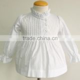100% cotton poplin wholesale white color pleats long sleeves girl shirt