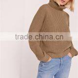 Oversized Drop Shoulder Roll Neck Crop Jumper Knitwear Sweater High Collar Pullover Brown Women Winter Clothings thumbnail-2