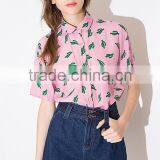 Women's Sweet Cactus Print Single-breasted 100% Cotton Casual Short Sleeve Pink Shirt thumbnail-1