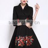 Ladies Autumn/winter V Neck 3/4 Sleeve Embroidered A-line Dress thumbnail-4