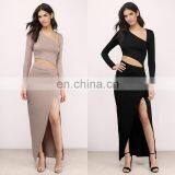Elegant Plain Long Sleeve Shift Maxi Dress With Front Slit and Cut Outs thumbnail-1