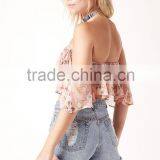 Designer Western Tops Images Women Off Shlouder Pink Floral Pattern Ruffle Crop Tops thumbnail-4