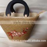 High quality best selling natural sea grass shopping fashion handbag with leather handle