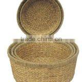 Round Water Hyacinth Storage Basket With Seagrass Line