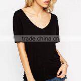 Cotton/spandex Women's V-neck T-shirt,solid Color T-shirt Custom Wholesale thumbnail-3
