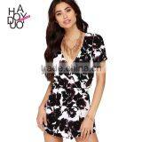 HAODUOYI Women Multi Rose Print Sexy Deep V Neck Puff Sleeve Wrap Romper thumbnail-1