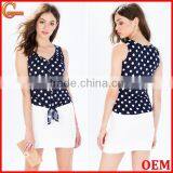 2015 Newest Style Dot Print Blouse Sleeveless Knot Front Chiffon Blouse