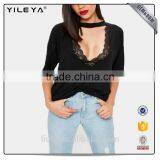 New Summer Fashion Women Black Cut Out Choker Neck, Scoop Neck Letter T-shirt thumbnail-1